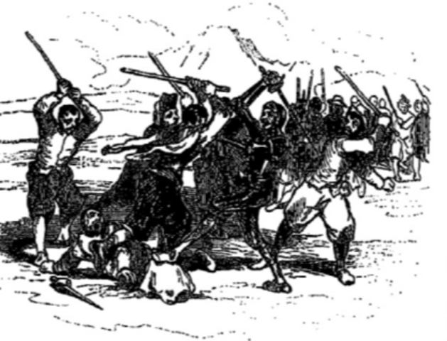 Don Quijote y Sancho son apaleados por unos arrieros.