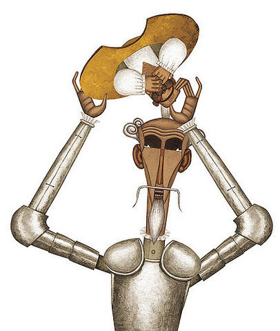 Don Quijote lucha contra el barbero y recupera el Yelmo de Mambrino