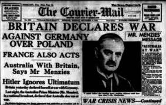 Britain, France, Australia, and New Zealand declare war on Germany