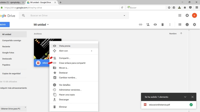 Ya en la nube, con el boton derecho podemos elegir los menus de nuestro archivo