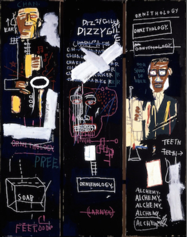 Horn Players. Jean-Michel Basquiat. 1983 C.E. Acrylic and oil paintstick on three canvas panels.