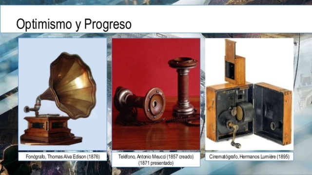 Locomotora, bombillo, fonografo, telégrafo y teléfono.