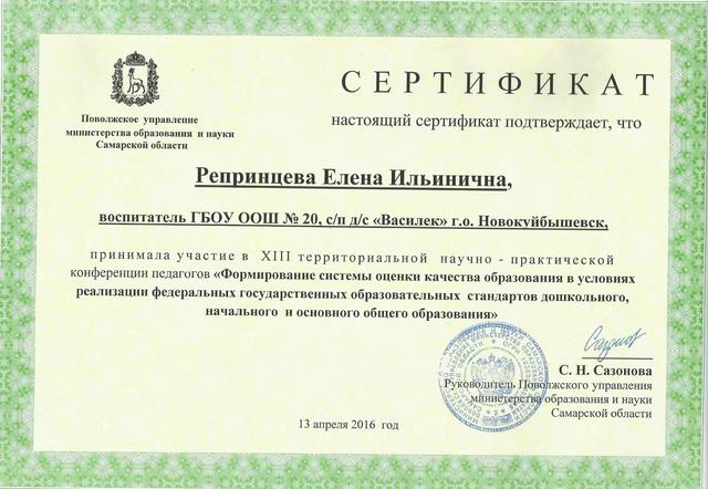 Сертификат Репринцевой Е.И.