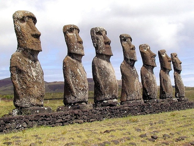 Moai on platform (ahu). Rapa Nui (Easter Island). c. 1100-1600 C.E. Volcanic tuff figures on basalt base