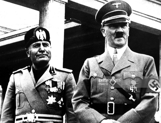 Mussolini forms axis with Nazi Germany.