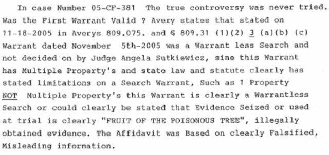 Avery files motion seeking release on grounds of illegally collected evidence from a search conducted on November 5, 2005.