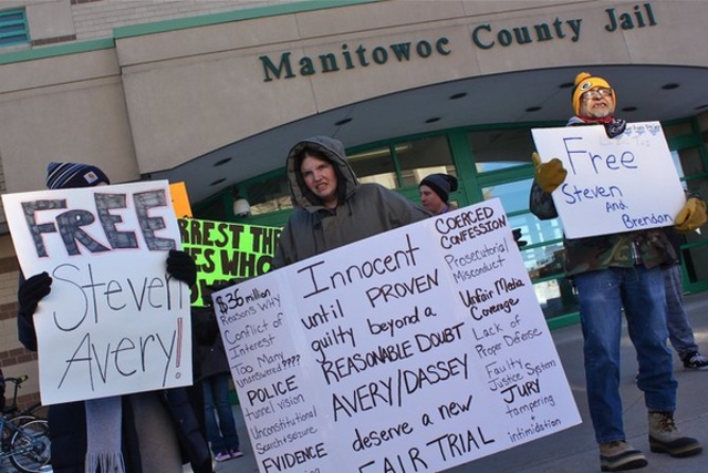 Supporters of Steven Avery and Brendan Dassey protest outside Manitowoc County Courthouse.