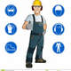 Man dressed work clothes helmet goggles gloves safety signs 46236853