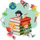 Three kids reading books eps illustration k39880364