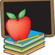 33667 clip art graphic of a red teachers apple on a stack of books by a chalkboard by maria bell