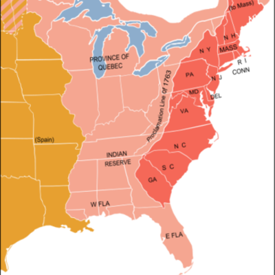 Timeline: This map represent  the border between 13 colonies, indians, spain.