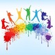 2307759 colorful bright ink splashes and kids jumping on blue background