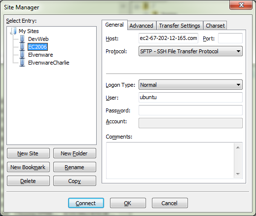 FileZilla Site Manager dialog