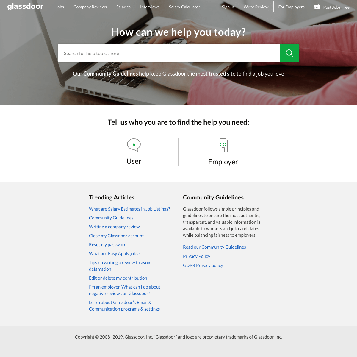 Glassdoor Support page Find SaaS sites inspiration