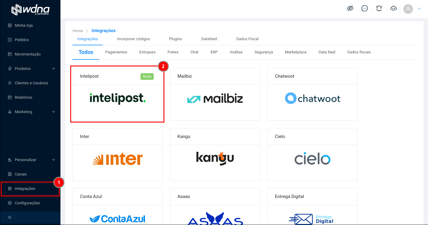 Lista de integrações da plataforma