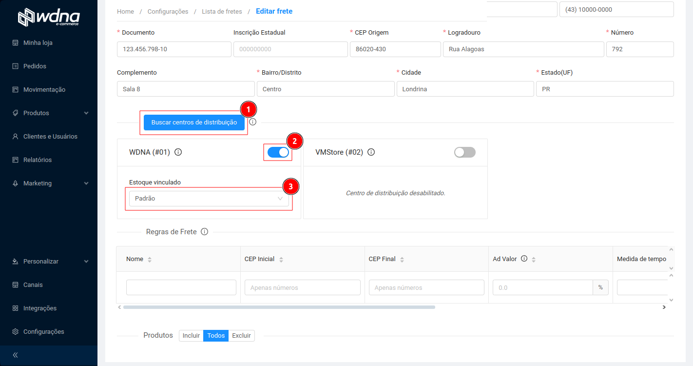 Configurações da integração