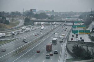 Gwinnett County is preparing to add diverging diamond interchanges at I-85 and Jimmy Carter Boulevard to ease traffic congestion on this segment of I-85 just north of the DeKalb County line. Credit: Donita Pendered