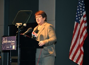 Gwinnett County commission Chairman Charlotte Nash presents her 2013 "State of the County" address at the annual event hosted by Council for Quality Growth and Gwinnett Chamber of Commerce. Credit: Donita Pendered