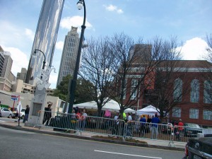 Vendors were well regulated, and pedestrians protected from vehicles, along Centennial Olympic Park Drive, across from the park. Credit: David Pendered