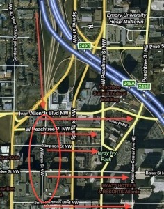 One way to reduce traffic congestion on the southbound Downtown Connector would be to change driver behavior on Williams Street. Instead of allowing drivers who exited onto Williams Street to turn left onto Ivan Allen Boulevard, which is the first left turn after the highway, drivers could be directed into the area marked by the oval and allowed to turn left on one of those intersecting streets. This routing would result in eastbound traffic backing up on Williams Street, instead of onto the highway, according to an example provided by a GDOT planner. Credit: David Pendered, Mapquest