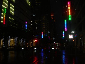 Colorful lights tell people on Main Street that a rail car is coming - night view (Photo: Maria Saporta)