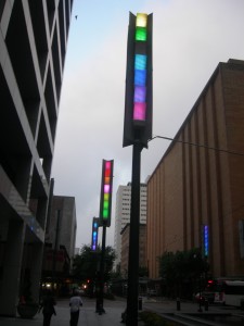 Colorful lights tell people along Houston's Main Street that a train is coming - day view (Photo: Maria Saporta)