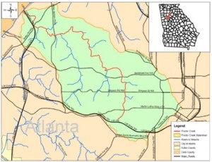 Environmental clean-up jobs will be created as a result of the inclusion of the Proctor Creek basin, in green, in the federal Urban Waters Partnership Program. Credit: City of Atlanta