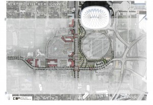 Map of how Martin Luther King Jr. Drive could be realigned to make enough room for new stadium and Friendship Baptist Church