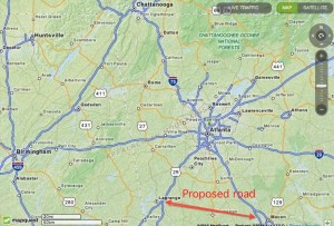 Advocates of this proposed road in middle Georgia say it would promote the state's economy and ease traffic congestion on I-20 in Atlanta. Credit: Mapquest, David Pendered