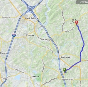 The Atlanta City Council voted to allow a developer to provide a sidewalk along Moores Mill Road (the southern dot on this map), rather than along the development to be built by Northside Drive (the northern dot). Credit: Mapquest.com, David Pendered