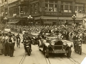 On October 11, 1927, aviator Charles Lindbergh paraded through Atlanta. He later deliver a message on the commercial potential of aviation to a crowd of 20,000 people. Courtesy of Atlanta History Center Archives