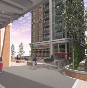 This rendering of the planned Tech Square Tower illustrates how it will articulate with its surroundings. Credit: Invest Atlanta