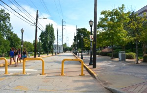 Certain streets on the AUC campus can be closed to vehicular traffic to improve safety for pedestrians, as this one was on game day near the football stadium. Credit: Donita Pendered