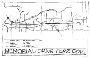 Mike Dobbins freehand drawing of the Memorial Drive corridor helped establish the parameters of the studio. File/Credit: Mike Dobbins