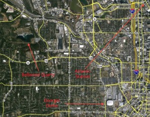 The Bellwood reservoir and planned park is located west of Atlantic Station, and northwest of the Georgia Dome. Credit: Google Earth, David Pendered