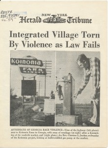 A story about Koinonia Farm entitled "Integrated Village Torn by Violence as Law Fails," in the New York Herald Tribune, April 5, 1957.