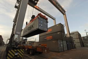 Containers loaded with consumer goods are stored at the Savannah wharves until they are loaded onto tractor-trailers or railroad cars. Credit: GPA