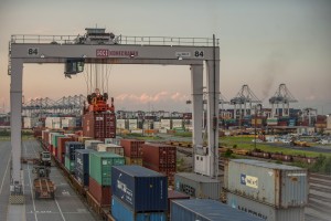 Containers are transferred to rail cars at the Savannah port's Chatham Rail Intermodal Facility. Credit: GPA