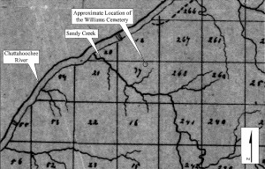 This excerpt of an 1864 map shows the Williams Cemetery is located east of the confluence of Sandy Creek and the Chattahoochee River. Fulton County Airport-Brown Field was built south of the creek. Credit: City of Atlanta