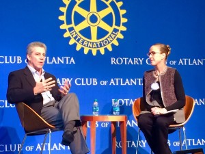 Craig Menear, CEO of the Home Depot, answers questions from colleague Kelly Barrett at Atlanta's Rotary Club (Photos by Maria Saporta)