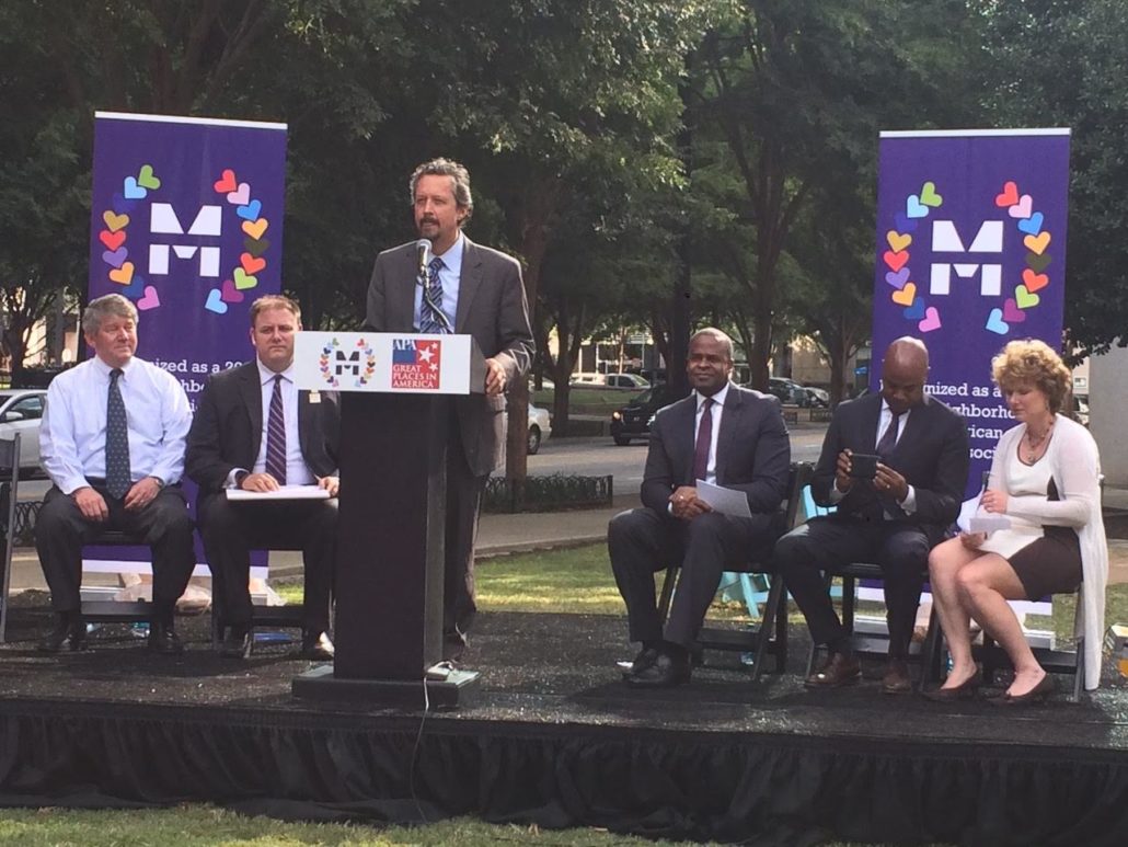 Left-to-right: Joe Bankoff, chairman of the Midtown Alliance; Corey Hull, president of APA (American Planning Association) – Georgia Chapter; Midtown Alliance CEO Kevin Green; Atlanta Mayor Kasim Reed; Atlanta City Councilman Kwanza Hall; and Midtown Alliance COO Shannon Powell (Photo by Maria Saporta)