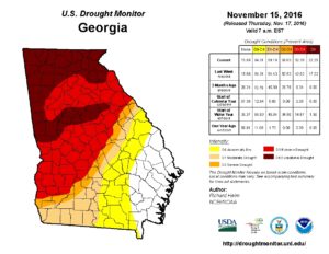A drought report issued Tuesday shows the extent of the areas affected by extreme drought in Georgia. Credit: National Weather Service