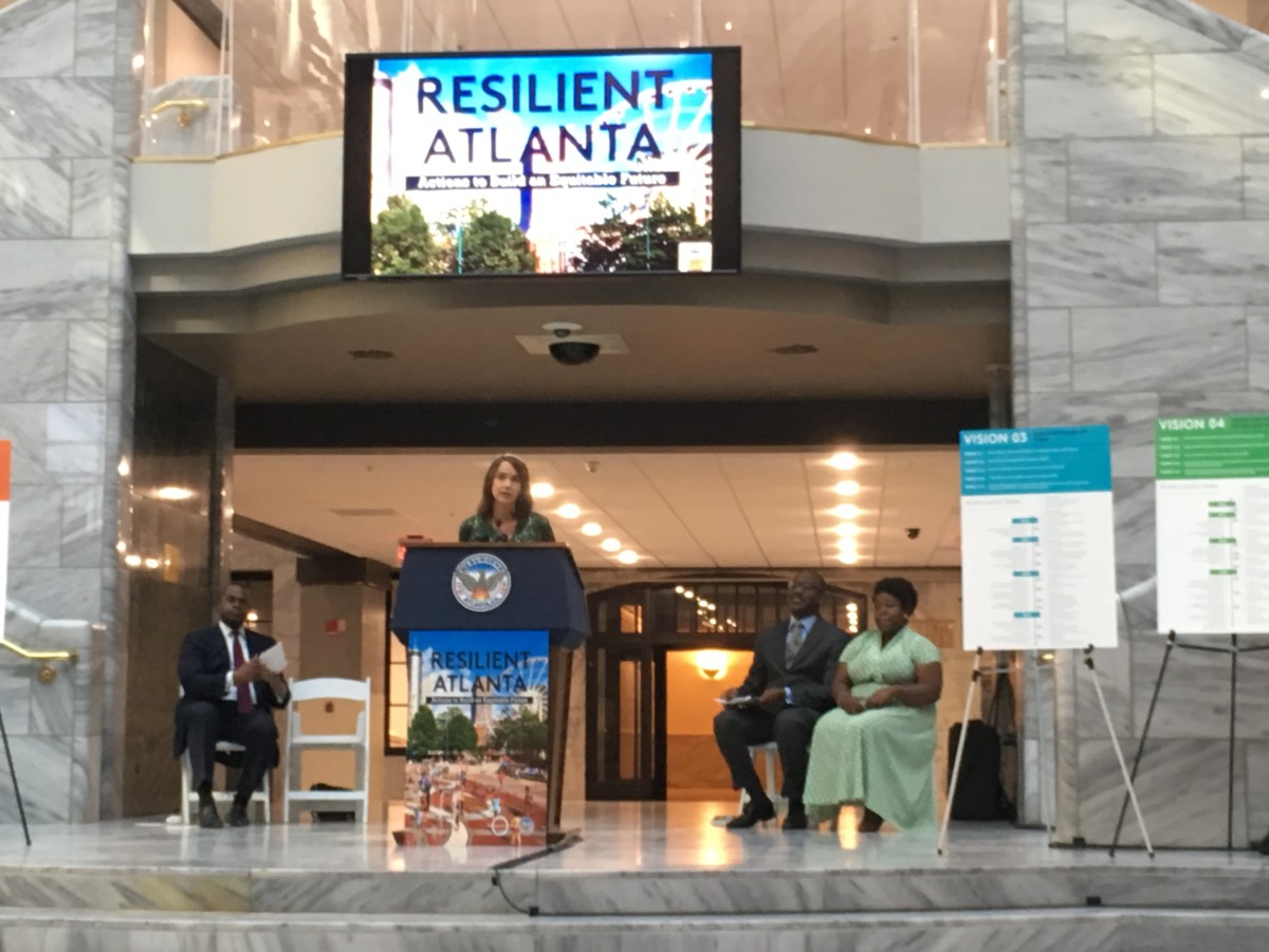 "I've been telling my team I can't wait for tomorrow, that's the most exciting part for me because that's when we're actually going to be implementing our strategy," said Atlanta Chief Resilience Officer Stephanie Stuckey on Thursday, at the ceremonial launch of the Atlanta Resilience Strategy. Credit: Maggie Lee