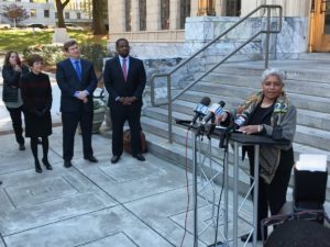 Former Atlanta Mayor Shirley Franklin endorsed mayoral candiate Mary Norwood on the steps of City Hall Monday. Norwood, at left, also got endorsements folks she bested in the first round of voting: former city COO Peter Aman and outgoing City Council President Ceasar Mitchell. Credit: Maria Saporta