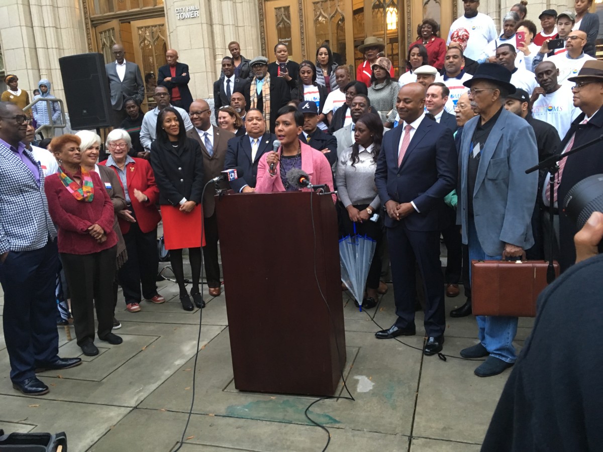 Atlanta mayoral candidate Keisha Lance Bottoms appeared at City Hall on Thursday, with dozens of supporters. Several local elected officials — and hip hop royalty T.I. and Killer Mike — endorsed her. Credit: Maggie Lee