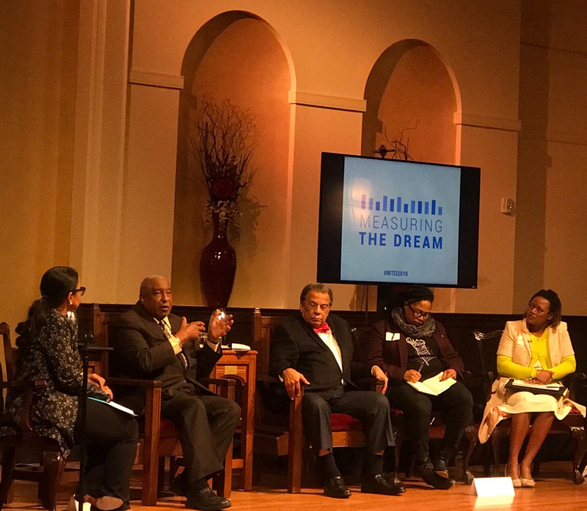 Andrea Young (L-R), Bernard Lafayette, Andrew Young, Mary Hooks and Park Cannon at the Measuring the Dream symposium at First Congregational Church of Atlanta on Thursday night. Credit: Kelly Jordan