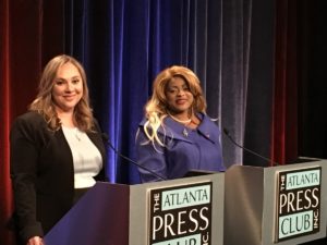 Sarah Riggs Amico (l) and Triana Arnold James (r), candidates in the Democratic primary for lieutenant governor. Credit Maggie Lee