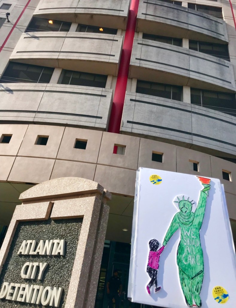 Atlanta's city jail, pictured in a 2017 file photo from a rally against immigrant family separation. In 2018, Atlanta ended a contract to house ICE detainees. Credit: Kelly Jordan