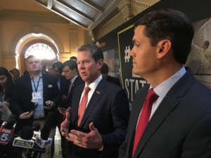 Gov. Brian Kemp (l) and Lt. Gov. Geoff Duncan, both newly elected Republicans, discuss SB 106 at the state Capitol on Feb. 14. Credit: Maggie Lee