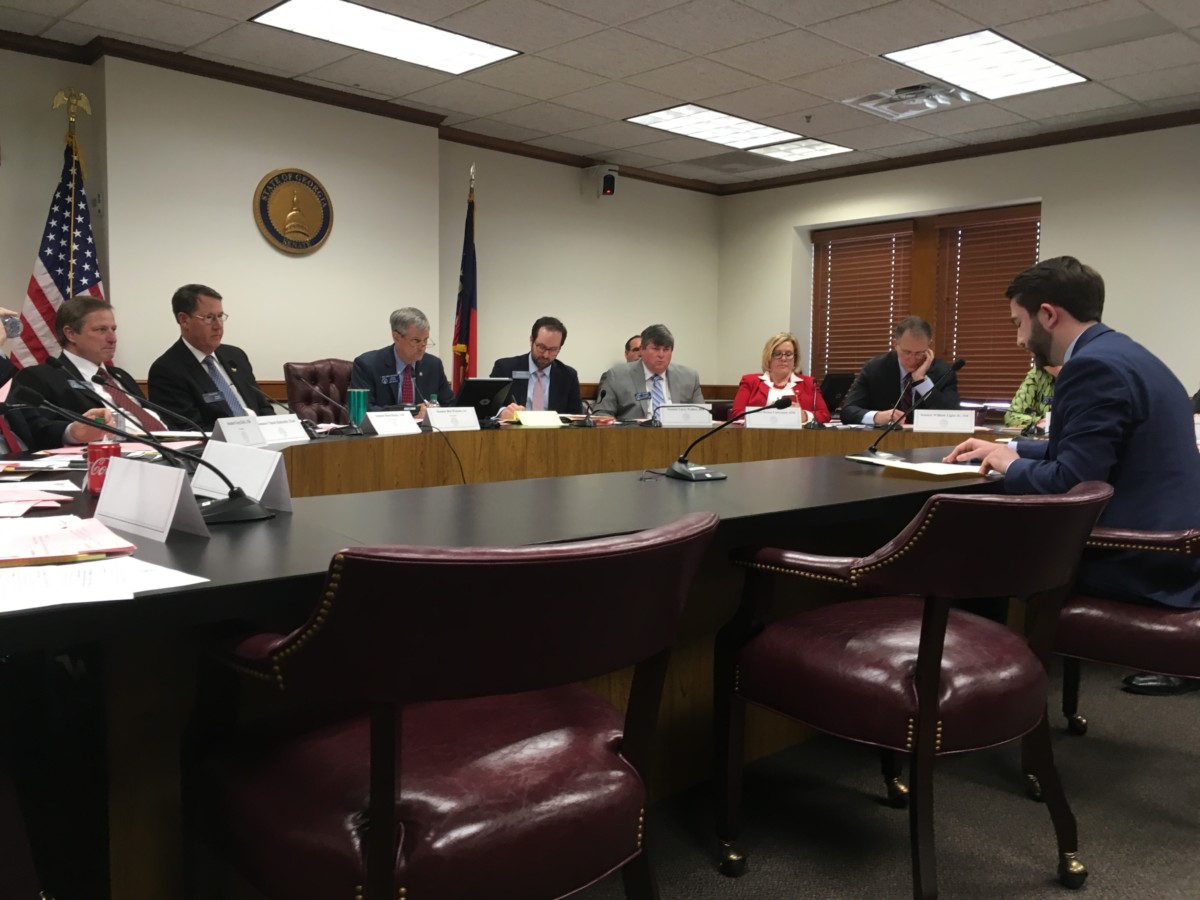 The state Senate Health and Human Services Committee on Monday, hearing state Rep. Houston Gaines, R-Athens, present a bill on legalizing needle exchange programs. Credit: Maggie Lee